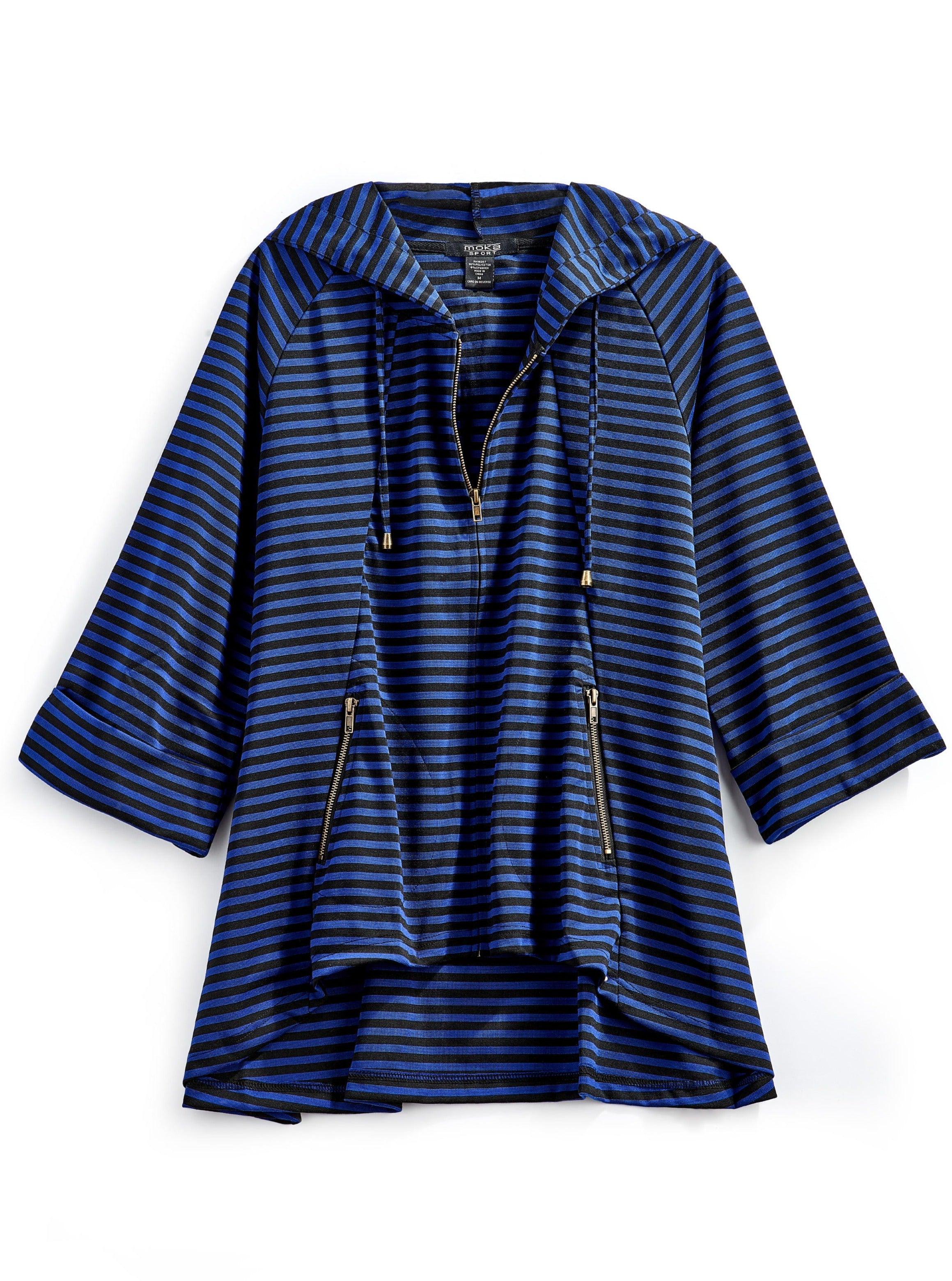 Women's Striped Zip Front High Low Hooded Jacket - flat lay - TURTLE BAY APPAREL