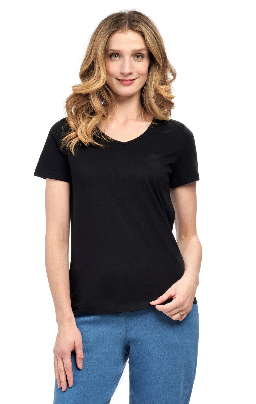 Women's V Neck Knit TeeÔÇô Hits at the Hip for Longer Coverage and a Sleeker Fit - Black- Front -  TURTLE BAY APPAREL